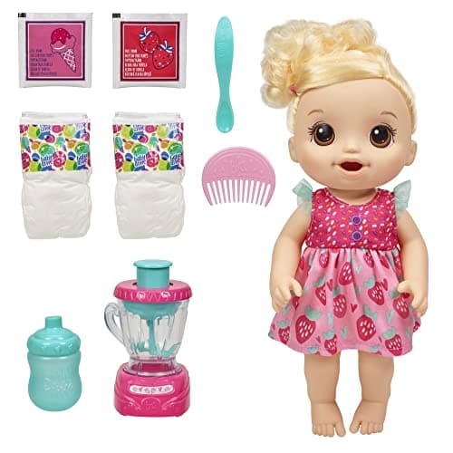Image of Baby Alive Magical Mixer Baby Doll Strawberry Shake with Blender Accessories, Drinks, Wets, Eats, Blonde Hair Toy for Children Aged 3 and Up