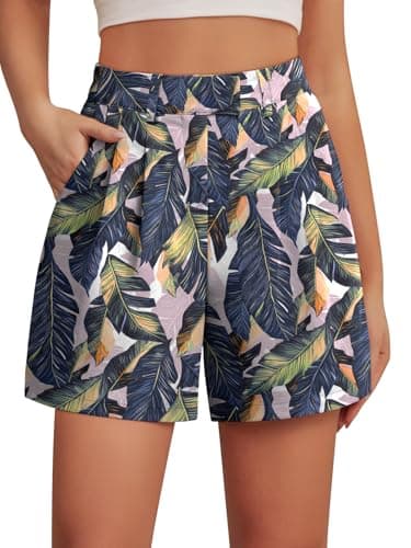 Image of Feiersi Womens Casual Elastic Waist Wide Leg Suit Tailored Shorts Summer Dressy Work Shorts with Pockets, 39 Colorful Banana Leaf, XL