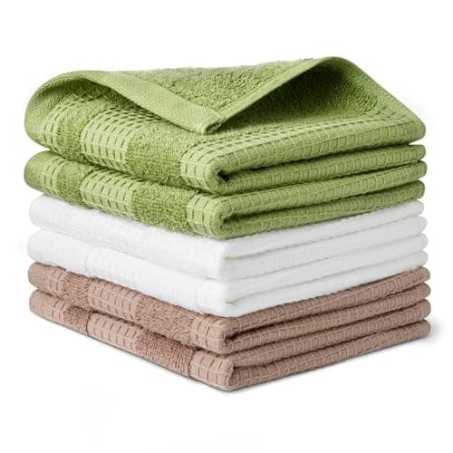 Image of Amazon Basics Organic Cotton Waffle Kitchen Dish Cloths , Ultra Absorbent, Quick Drying, Lint-Free Geimetry Towels Kitchen, 12 x 12 Inches, 6-Pack (2 Brown, 2 Olive, 2 Navy Blue)