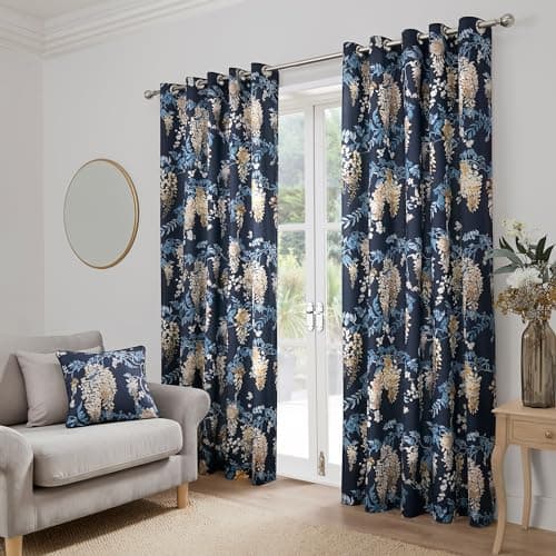 Image of Dreams & Drapes Navy Wisteria Eyelet Curtains W46 x L54 – Floral Design – 2 Panels – Dark Blue Window Treatment for Bedroom or Living Room – Door Curtains