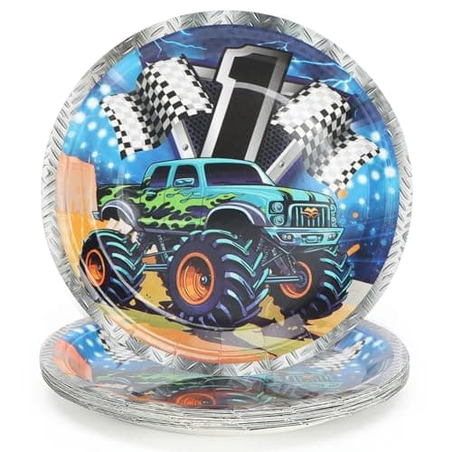 Image of 16 Pieces Monster Truck Plate Set Boys Girls Party Truck car Party 7''Assorted Tableware for 16 Guests