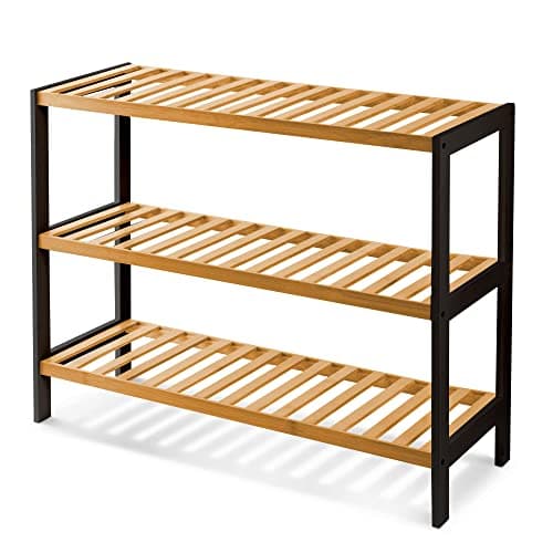 Image of KEPLIN Natural Bamboo Shoe Rack Easy Assembly & Strong Design Shelf Organiser Ideal for Bedroom, Bathroom, Hallway & Small Spaces Capacity Up to 9 Pairs of Shoes (Black/Natural, 3 Tier) (70x55x25cm)