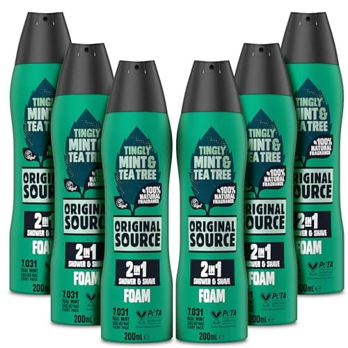 Image of Original Source Mint & Tea Tree 2 in 1 Shower and Shave Foam (Pack of 6)|100 Percent Natural Fragrance | Vegan, Cruelty Free, Paraben Free|Bulk Buy, 6 x 200ml