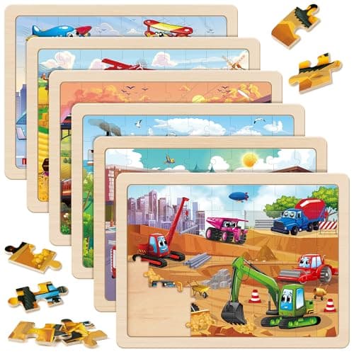 Image of SYNARRY Wooden Vehicle Puzzles for Kids 3 4 5 6 7 8 Year Olds, 6 Packs 60 Piece Children’s Jigsaw Puzzles, Preschool Educational Toys Game Gifts for Toddlers Ages 4-8