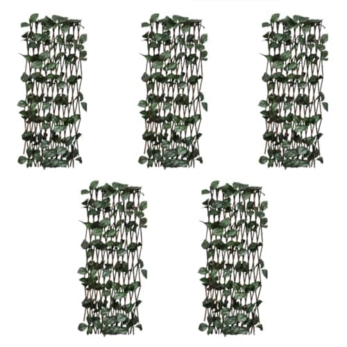 Image of vidaXL Willow Trellis Fences with Artificial Leaves - Brown/Green Wicker Garden Screens/Barriers, Extendable to 180x30cm, Set of 5