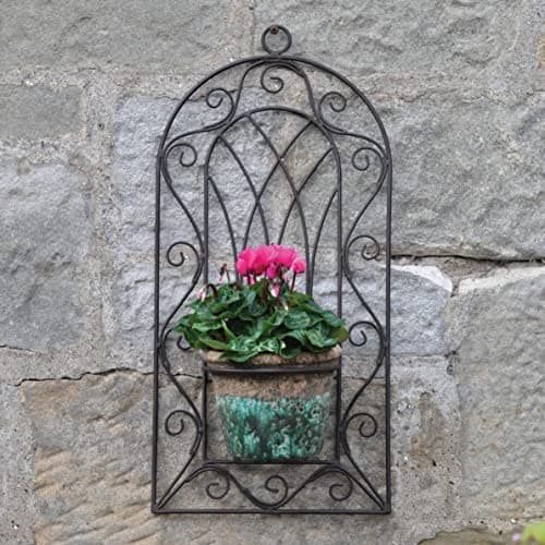 Image of MAISONICA Garden Scroll Gothic Style Metal Single Plant Pot Holder - Wall Mounted Brown Distressed
