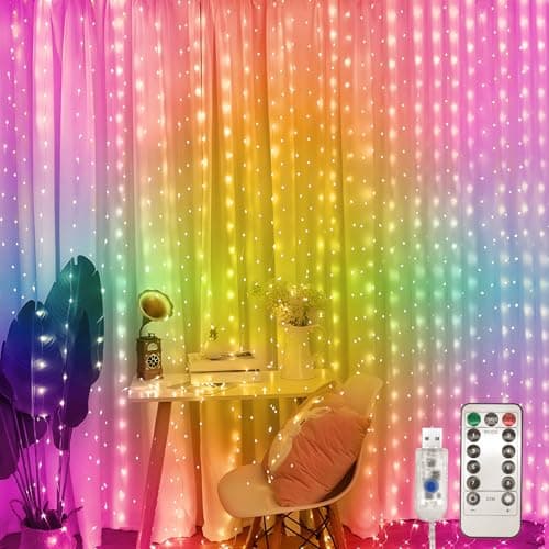 Image of Jsdoin Curtain Fairy Lights, 3.6m x 3m 360leds USB Operated 8 Modes String Light Indoor Waterproof Hanging Window Lights with Hooks for Christmas, Wedding, Party,Wall, Home Decorations (Multicoloured)