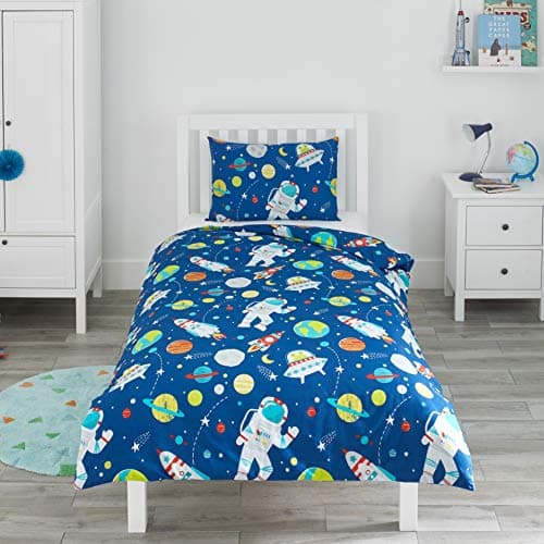 Image of Bloomsbury Mill - Cot Bed Duvet Cover Set - Toddler Bedding Set For Boys & Girls - Outer Space, Rockets and Planets Kids Bedding - Blue Cot Duvet Cover & Pillow Case Set - 120x150cm