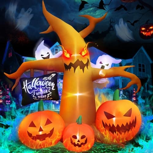 Image of XOOWOO - Halloween Inflatables Large Outdoor Decorations: 8 ft spooky Halloween tree decoration with explosive ghosts, pumpkins built-in LED lights for
