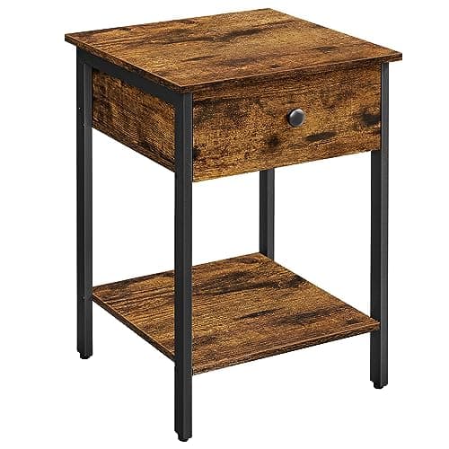 Image of VASAGLE Nightstand, Bedside Table, Side Table with Drawer and Shelf, End Table, Bedroom, Living Room, Easy Assembly, Steel Frame, Industrial, Rustic Brown and Black LET55BX