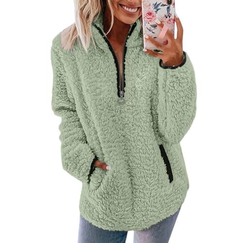 Image of CGGMVCG Womens Fleece Jumper 1/4 Zip Up Teddy Fluffy Pullover Sweatshirt Ladies Casual Sweater Cozy Coat Tops Fall Winter Stand Collar Fleece Jacket with Pockets (Mint Green, M)