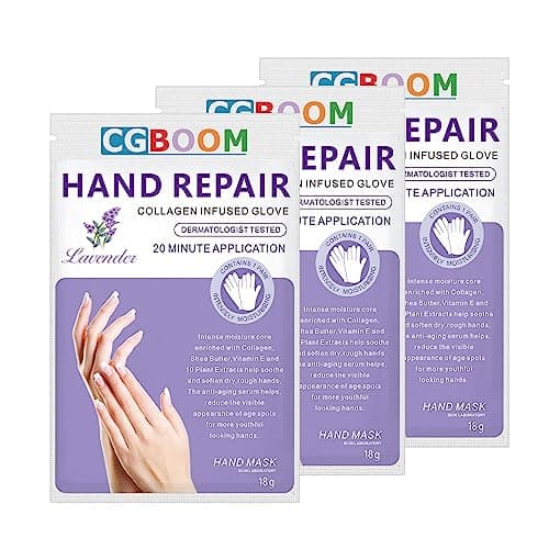 Image of 3 Pairs Hands Moisturizing Gloves, Hand Skin Repair Renew Mask w/Infused Collagen, Moisture Enhancing Gloves for Dry, Aging, Cracked Hands (Lavender)