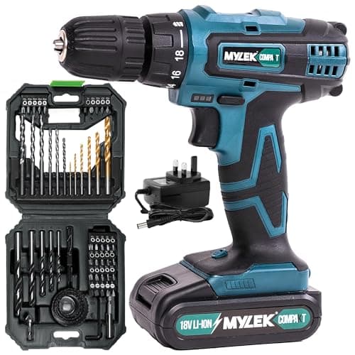 Image of MYLEK 18V Cordless Drill - Lithium Ion Drills Driver Screwdriver Set - 13 Piece Combi Accessory Kit - LED Worklight, 18 Volts Blue/Black with MYLEK 4ORCE Accessory Kit (56 Piece)