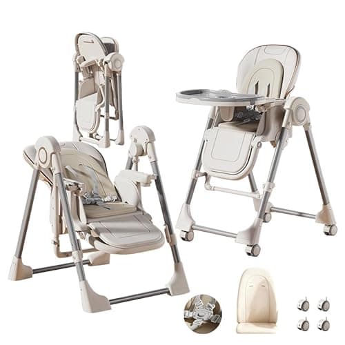 Image of Aveainelle Foldable PU Leather Baby Highchair with Swing Function, 5 Height & 3 Recline Positions, Convertible Feeding Chair with Detachable Double Trays & Wheels for Infants and Toddlers (White)