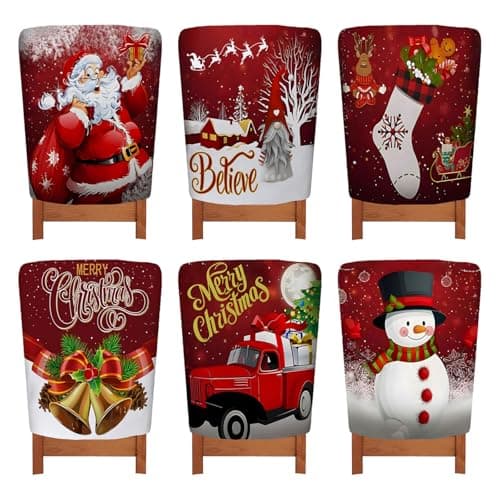 Image of Dorclife 6Pcs Christmas Dining Chair Covers Set Santa Claus Snowman Reindeer Dinner Chairs Slipcover Xmas Linen Dining Chair Covers for Dining Room Christmas Decoration Holiday Party Home Decor