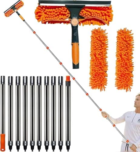 Image of 20+ Foot Reach 2 in 1 Window Washing Squeegee with 3-13 ft Support & Free Installation Extension Pole - Window Cleaning Tool for Home Indoor & Outdoor Use