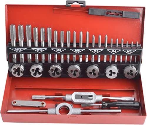 Image of Gunpla 32 Pieces Tap and Dies Set Tungsten Heavy Duty Alloy Steel Metric Screw Threads Cutting Tools Taper Drill Threading Kit with Storage Case