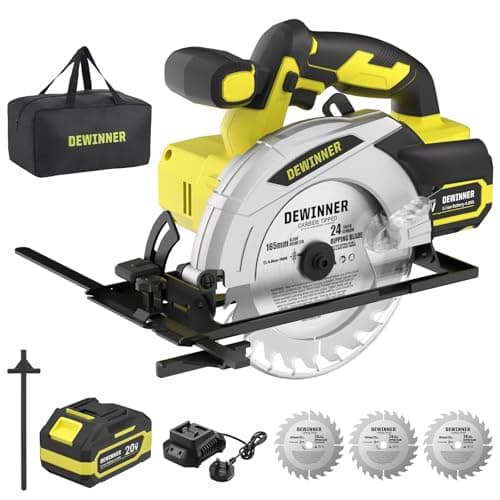 Image of DEWINNER Cordless Circular Saw with 4.0Ah Lithium-Ion Battery,4000RPM Electric Circular Saw with Electric Brake,Max38mm (45°),54mm (90°), 3 * 165mm 24T Blades, Canvas Bag,for Wood Cutting