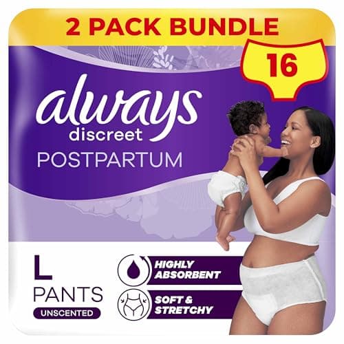 Image of Always Discreet Postpartum & Adult Incontinence Pants High-Waisted Maternity Knickers Super Absorbent, Soft & Breathable Size Large, 16 Count (8 x 2 Packs)