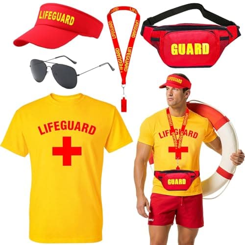 Image of Glirop Life Guard Costume Set, Lifeguard Fancy Dress Include T-shirt Hat Fanny Pack Whistle Sunglasses Beach Costume Acccessories for Women Men Pool Party Halloween Cosplay(Style B, 2XL)