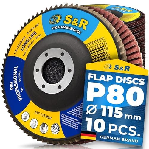 Image of S&R Flap Discs 115 mm (4.5 inch) P80 – 10 pcs Angle Grinder Sanding Discs | Aluminium Oxide Flap Disc, 22.23 mm Bore | For Metal, Wood, Paint & Rust Removal