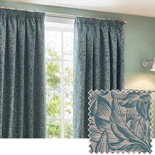 Image of furn. Wylder Nature Grantley Jacquard Pencil Pleat Curtains - 2 Panels - Width x Drop - 229 x 229cm (90 x 90) - Wedgewood