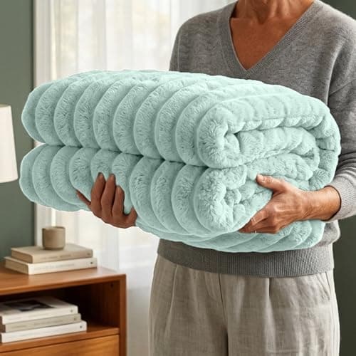 Image of Casabella Throw Blanket - Ribbed Fleece Blanket - Soft Fluffy, Warm & Cosy Sofa Throw - Large Fleece Blanket for Sofa Bed, Couch, Bedding - King Size 200x240 - Duck Egg