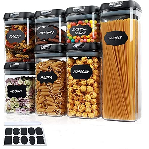 Image of Taylor & Brown 7pc Clear Airtight Food Storage Container Set with 10 Labels & 1 Marker - Kitchen & Pantry Containers - Ideal for Flour, Cereal, Spaghetti, Pasta & more, Black