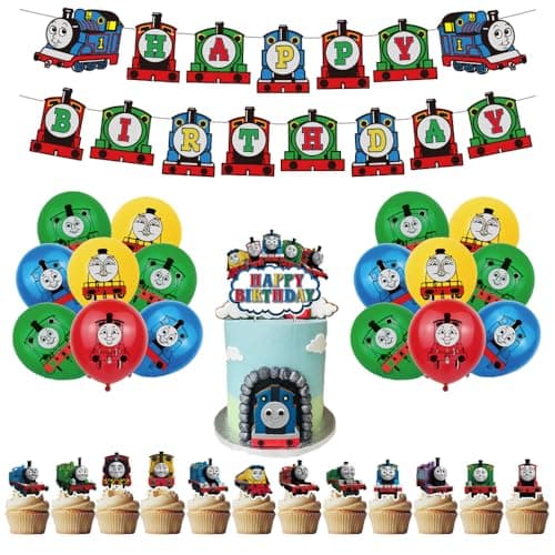 Image of SMLHPARTY Thomas Train Birthday Party Decorations: 16pcs Balloons, 1pcs Banner, 13pcs Cake Toppers - Thomas & Friends Theme - Blue, Cartoon