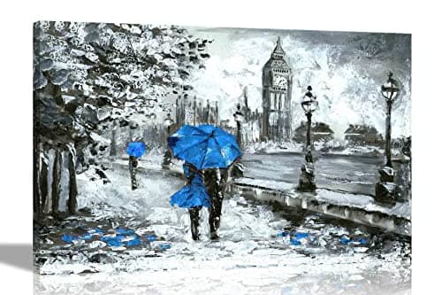 Image of Couple With Blue Umbrella in London Canvas Wall Art Pictures on Framed Artwork Modern Art Decor Framed Romantic Prints Living Room 51 x 35cm (20 x 14 inches)
