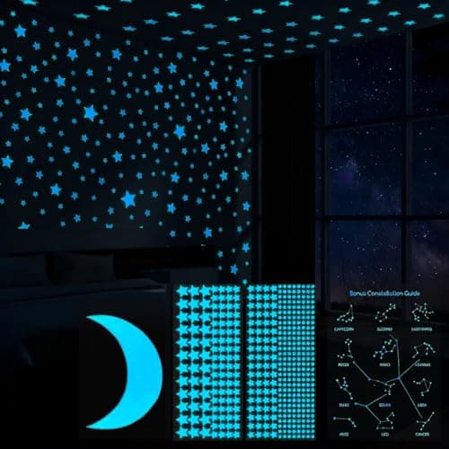 Image of Glow in The Dark Moon and Stars Wall Stickers, Luminous Fluorescent Stickers, 420 Stars & 1 Moon, DIY Decal Murals Decoration for Ceiling Kids Bedroom, Living Room, Safe and Bright (Blue Light)