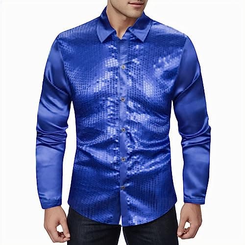 Image of Mymyguoe Men's Hipster Metallic Sequins 70s 80s Costume Wedding Shiny Sequin Tops Long Sleeve Shirt Business Shirt for Party Night Club Casual Shirt Henley Shirt Tops, blue, M