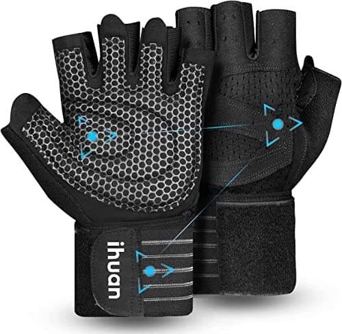 Image of ihuan Ventilated Weight Lifting Gym Workout Gloves with Wrist Wrap Support for Men & Women, Full Palm Protection, for Weightlifting, Training, Fitness, Hanging, Pull ups (Large, Black)