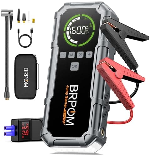 Image of Jump Starter Power Pack with Air Compressor, BRPOM 8000A Portable Jump Starter 160PSI(All Petrol/12L Diesel), 12V Car Jumper Power Bank with Jump Clamps, LCD Screen, Emergency Light