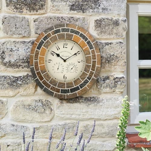 Image of Stonegate Mosaic Quartz Wall Clock & Thermometer – Battery Powered Weatherproof Stone Effect Indoor Outdoor Home Garden Clock Decoration with Humidity & Temperature Dials – 33.5cm Diameter