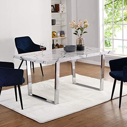 Image of Cherry Tree Furniture BIASCA 6-Seater High Gloss Marble Effect Dining Table with Silver Chrome Legs (White)