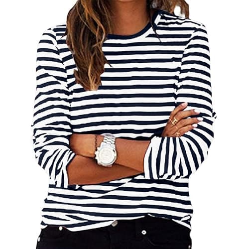 Image of Shopping Online Women's Striped Tops UK Casual Long Sleeve Crewneck Loose Fit Shirts 2025 Spring Fashion Lightweight Blouse Dressy Comfy Going Out Tshirts Ladies Elegant Work Office Tee
