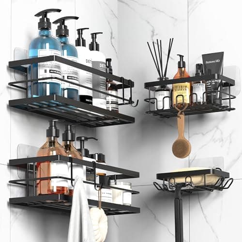 Image of Cooeco 4 Pack Large Shower Caddy, Adhesive Bathroom Storage Caddy Rack, Black Stainless Steel Shower Basket for Kitchen Storage