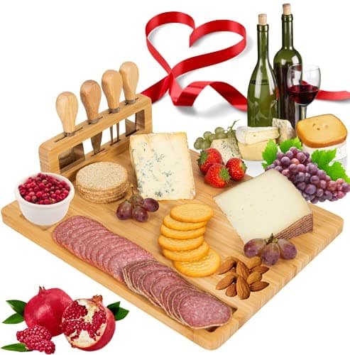 Image of Giggi Bamboo Cheese Board Gift set | Cheese Board with 4 Piece Cheese knives | Charcuterie Board | Cheese board and knife set for Birthday Gifts Parties Perfect Cheese board set