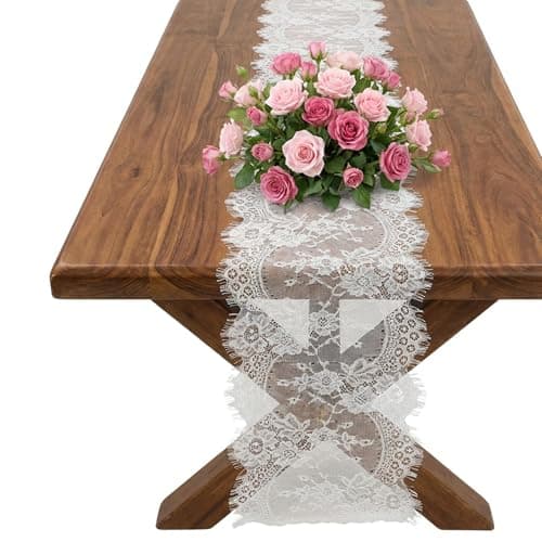 Image of Ouligay White Lace Table Runner, 35 x 300cm Table Runners for Dining Tables, Boho Lace Tablecloth Runners Vintage Rustic Tables Runner for Wedding Bridal Shower Baby Shower Party Decorations(White)