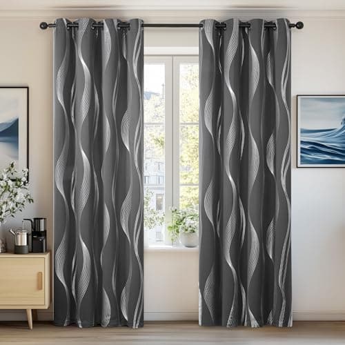 Image of Deconovo Blackout Curtains Silver Wave Line Foil Printed Thermal Insulated Eyelet Curtains for Living Room 66x72 Inch Dark Grey 2 Panels