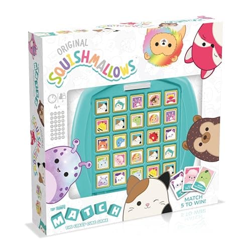 Image of Top Trumps Match Squishmallows Board Game, match 5 Lola the Unicorn, Daxxon the Alien or Cam the Cat in a row to win, perfect for travel, gift for ages 4 plus