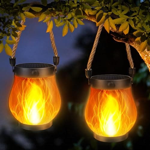 Image of Joomer Solar Lights Outdoor Garden, 2 Pack Hanging Solar Lanterns Waterproof LED Realistic Flame Effect Garden Ornaments Birthday Gifts for Women for Pathway Patio Outside Decoration