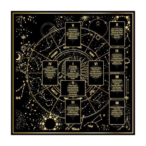Image of BOXOB Tarot Tablecloth, 24.8x24.8in Altar Table Cloth Divination Double-Sided Square Prints Cover Mat for Cards Reading, Witchcraft, Crystals, Spiritual Rituals Supplies Accessories(Black & Gold)