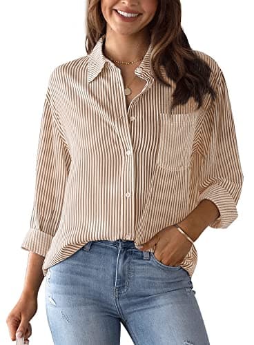 Image of Striped Shirts for Women Causal V Neck Blouses Button Down Shirt Long Sleeve Tops Tunics Collared Shirt Office Work Tops Basic Longline Shirts Khaki L