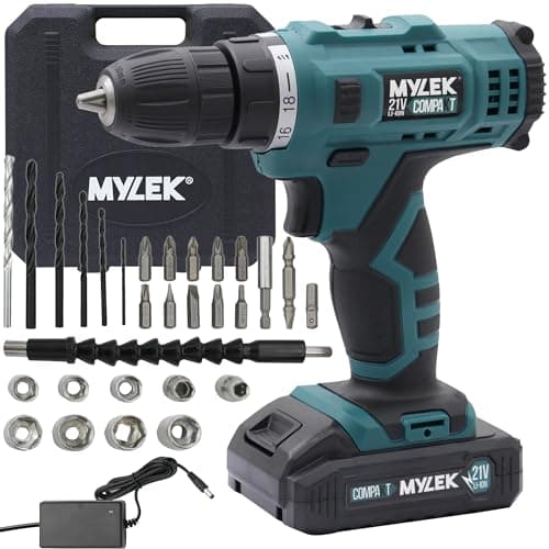 Image of MYLEK MYBMC092 18V Cordless Drill Electric Driver Set, Lithium Ion Battery, 18 Volt Combi Screwdriver Pack, Black, 151 DIY Piece Accessory Kit and Carry Case (Blue 21V & 29 Piece Accessory Kit)