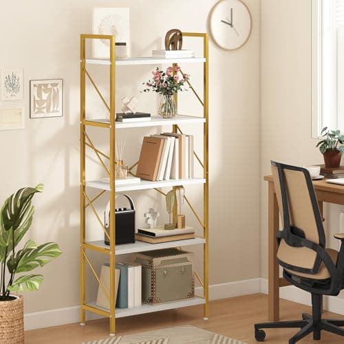 Image of DWVO 5 Tiers Book Shelf, Wood and Metal Bookcase Storage Organizer, Industrial Bookshelf Tall Shelving Unit Display Rack for Living Room Kitchen Bedroom, Gold and White Book Rack