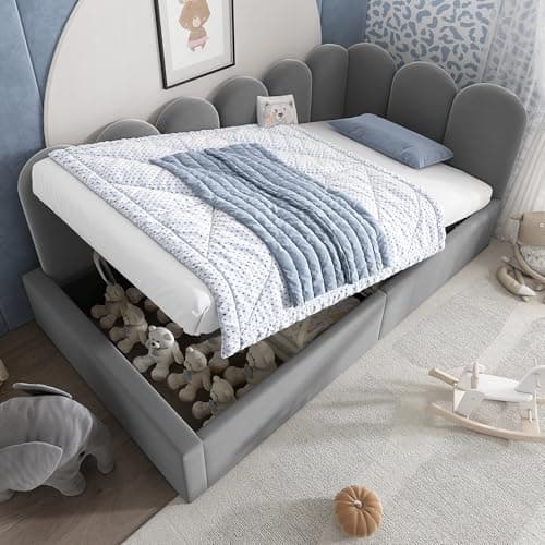 Image of Merax Single Grey Upholstered Bed, 3ft Single Day Bed Ottoman Bed with Hydraulic Storage, with interchangeable Upholstered Fence, Metal Slatted Frame, for Adults Children, Velvet/90x190cm(No Mattress)