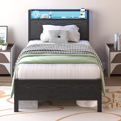 Image of BORPHOM 3ft Single Bed Frame with Storage Headboard Shelf,LED Lights,Charging Station,Heavy Duty Metal Bed Frame Single Bed,Strong Steel Slats Support,Noise Free/Easy Assembly/Black Bed