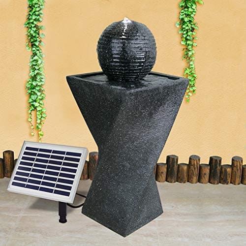 Image of Solar Outdoor Fountain with Li-ion Battery and LED Light - Black Ribbed Ball on Stand Granite - Self-contained Water Feature for Your Garden cca 85 cm